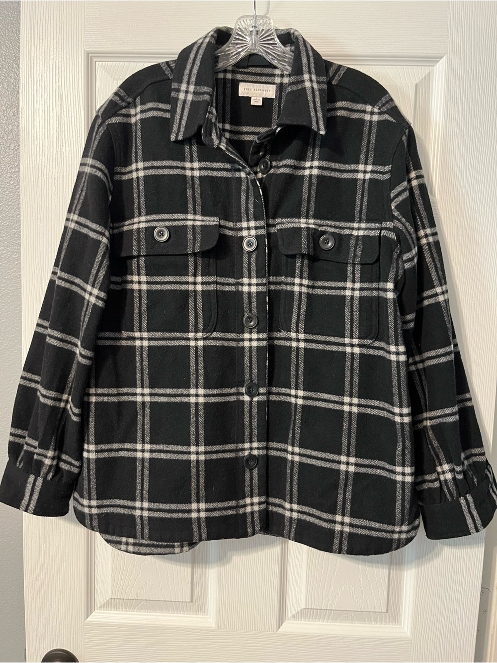 Women's Black & White Plaid Utility Shacket Jacket